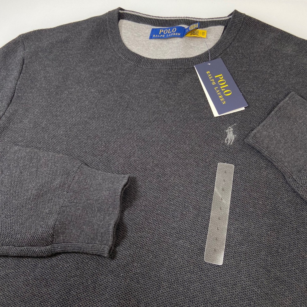 Polo Ralph Lauren Mens Size L Crew Neck Sweater Dark‎ Gray Knit Waffle Logo NEW